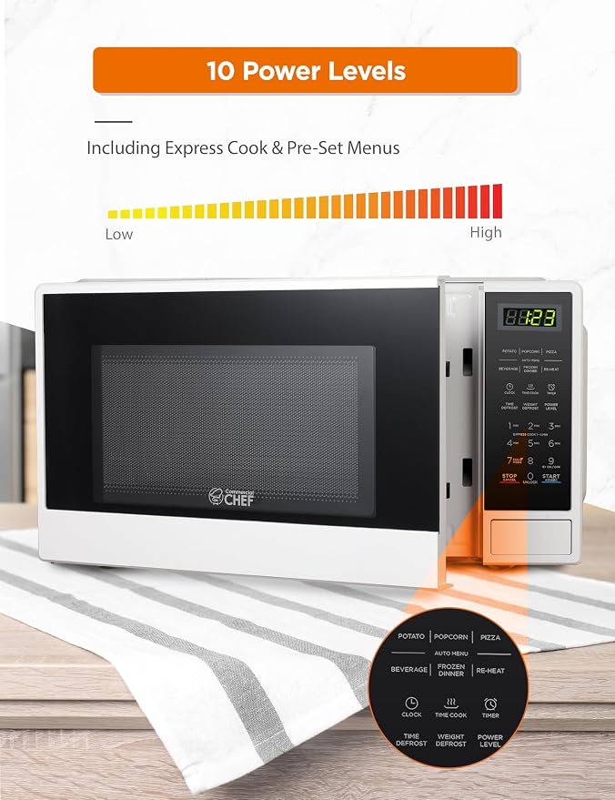 Commercial Chef 1.1 Cu. Ft. Countertop Microwave Oven, Touch Controls with Digital LED Display, 1100W Microwave, Push Button Door, 10 Power Levels, CHCM11100W, White