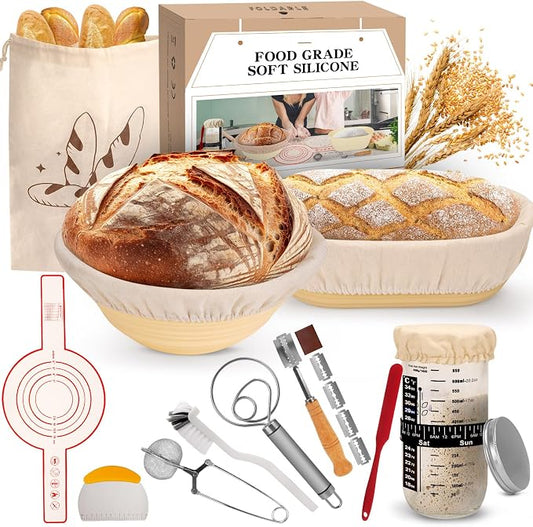 16-Piece sourdough bread baking supplies Set - Foldable Silicone banneton bread proofing basket (Round & Oval) - proofing basket with sourdough tools & jar - Ideal for Home & Pro Bakers