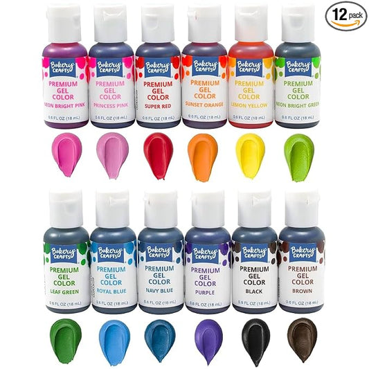 Bakery Crafts Premium Gel Food Coloring 12 Bottle Assortment, 7.2 Fl Oz, Highly Concentrated Food Safe Dye Color For Use with Cake Mix, Buttercream, Whipped Icing, Fondant & Piping Gel, 12 x 0.6FL -