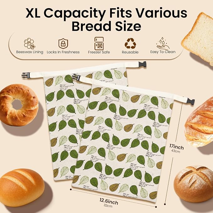 Beeswax Bread Bags for Homemade Sourdough – XL 2 Pack Organic Linen Cotton Reusable Bread Storage Bags with Airtight Zipper Lock, Keep Crusty Artisan Bread Fresh 48+ Hours,Zero Waste Kitchen Essential