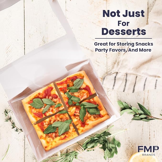 Fit Meal Prep 100 Pack 14 x 10 x 4 Inches White Bakery Boxes with Window, Auto-Popup Cardboard Gift Packaging and Baking Containers, Cupcake, Cookie and Loaf Bread Boxes