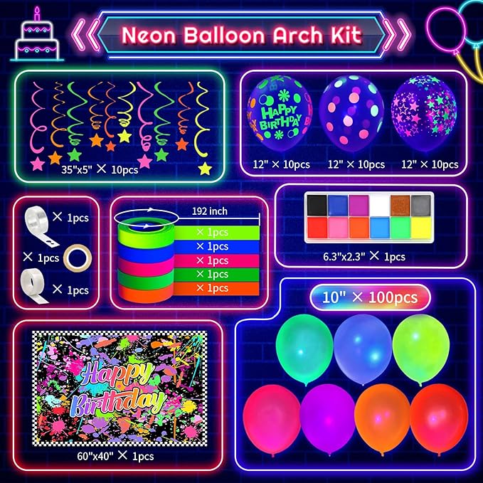 150 Pcs Neon Balloons Arch Garland Kit, Glow in the Dark Neon Birthday Party Decorations, Balloons for Back to 80S 90S Glow in the Dark Birthday Decorations