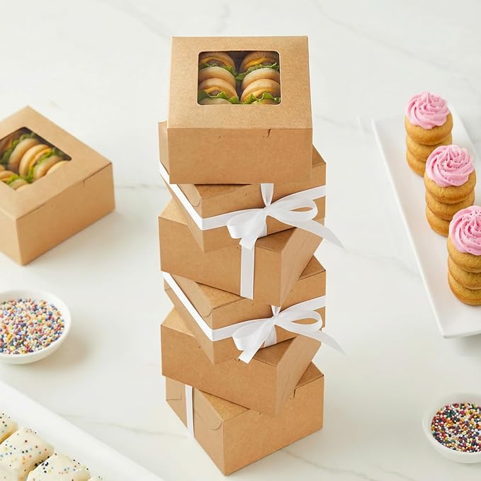 Juvale Cookie Boxes with Window - 50 Pack, 4 x 4 x 2.5 in Brown Cardboard - Pastry Containers & Cupcake Box for Baked Goods Packaging - Mini Treat Holders
