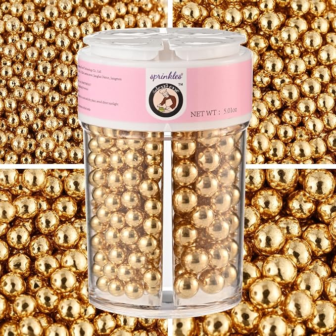HeDeon&Rles Edible Gold Preals Sprinkles for Baking 4 Size（2mm 4mm 7mm 10mm）Gold Sprinkles for Cake Cupcake Pancake Ice Cream Decoration