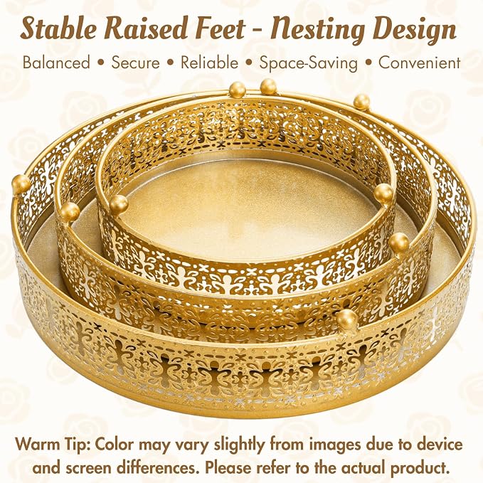 Youeon Gold Round Cake Stand Set of 3, 12/10/8 Inch Metal Hollow Cake Pedestals with Low Feet, Dessert Display Stands for Wedding, Birthday, Party, Anniversary & Holiday Entertaining