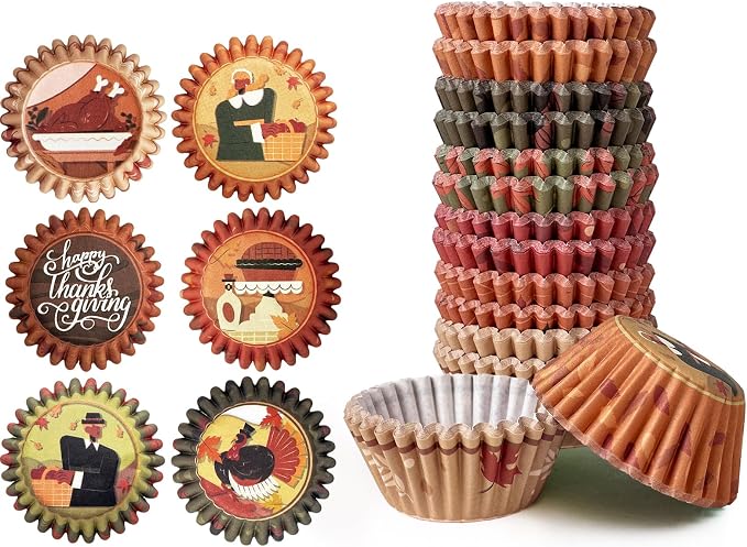 qiqee Thanksgiving 300PCS Mini Cupcake Liners Cupcake Cups 6 Designs Thanksgiving Turkey Cupcake Papers Baking Cups Cupcake Wrappers (Small Size)
