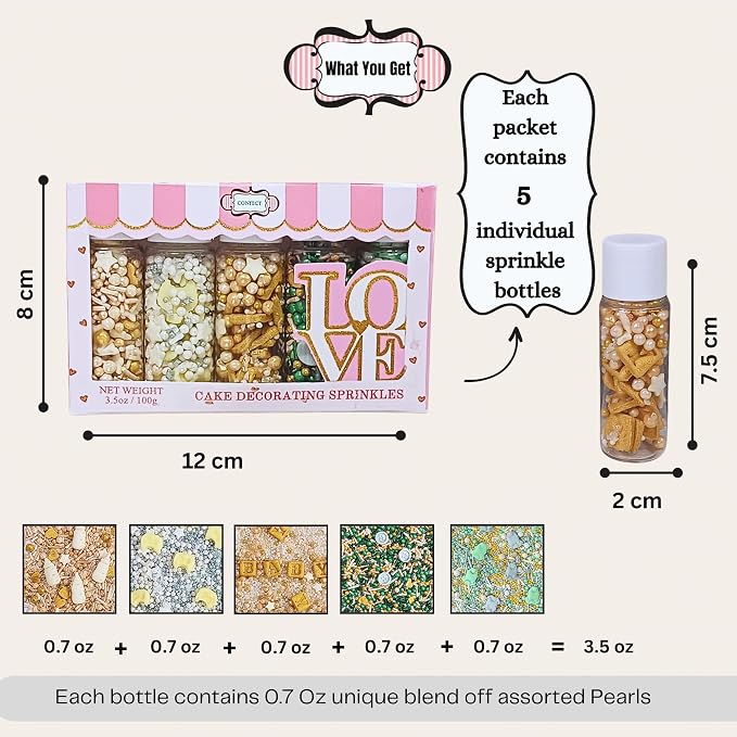 Confect Neutral Baby Shower Sprinkles | Mix Pearls, Star & Baby Feed Bottle Sprinkles | Gender Reveal Sprinkles | Pack of 5 Edible Sprinkle | Vegan, Gluten-Free, Nut-Free, Soy-Free, Dairy-Free, Palm Oil-Free - 5 Oz