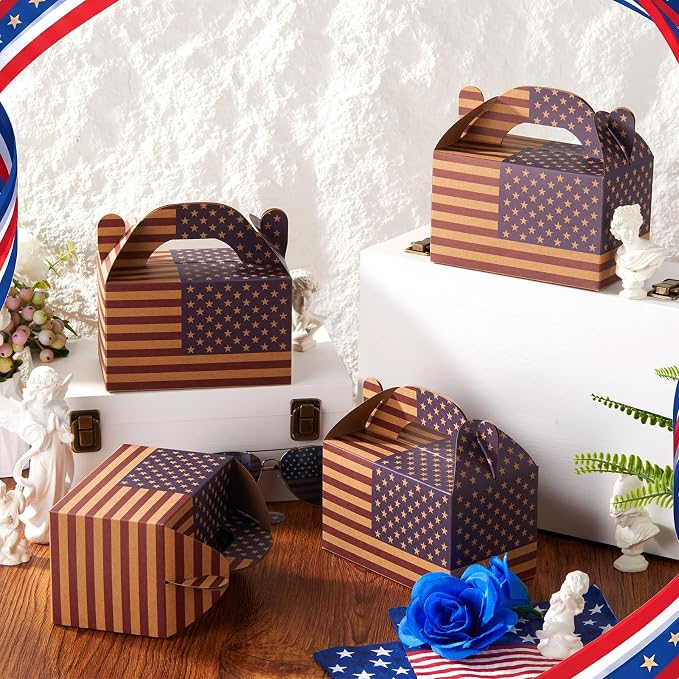 Colarr 48 Pcs 4th of July Treat Boxes Patriotic American Flag Prints Goodie Boxes with Handles 250th Anniversary Kraft Paper Cookie Box Candy Party Favor Box for Independence Day Celebration