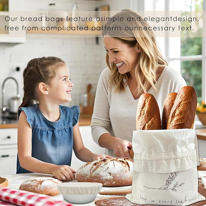 ‌2 Pack Reusable Linen Bread Bags for Homemade Sourdough - Eco-Friendly Storage with Proofing Bowl Cover | Baking Accessories & Sustainable Kitchen Essentials, Cream white