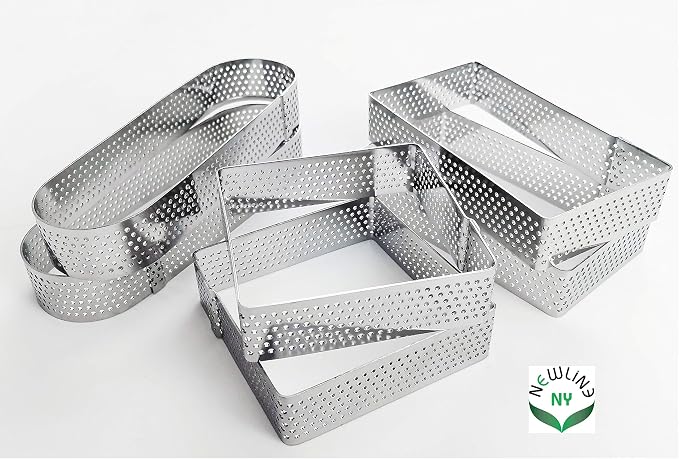 NewlineNY Stainless Steel 6 Pcs Perforated Oval, Rectangular, Square Tart Rings Molding Plating: 2 of each (5" x 1.5") + (4" x 1.5") + (2.8" square) x (0.8" H) Sizes