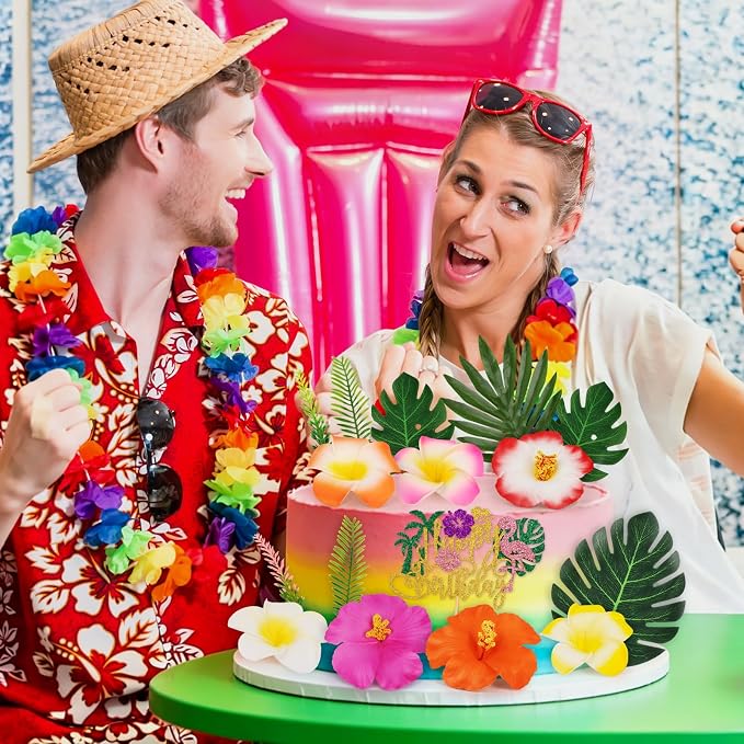 16PCS Hawaiian Flower Cake Topper Tropical Cake Decorations with Palm Leaves Flowers Hawaiian Cake Decorations for Summer Pool Beach Luau Tropical Birthday Party Supplies