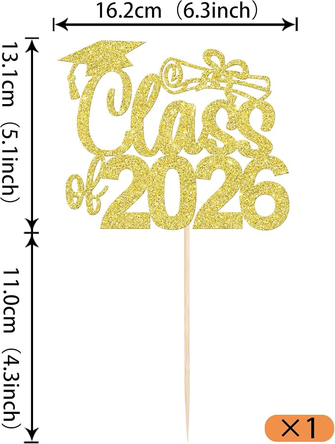 1 Pack Class of 2026 Cake Topper Glitter Congrats 2026 Graduation Cake Pick for Graduation Grad 2026 Theme Boys Girls Graduate Party Cake Decorations Supplies Gold