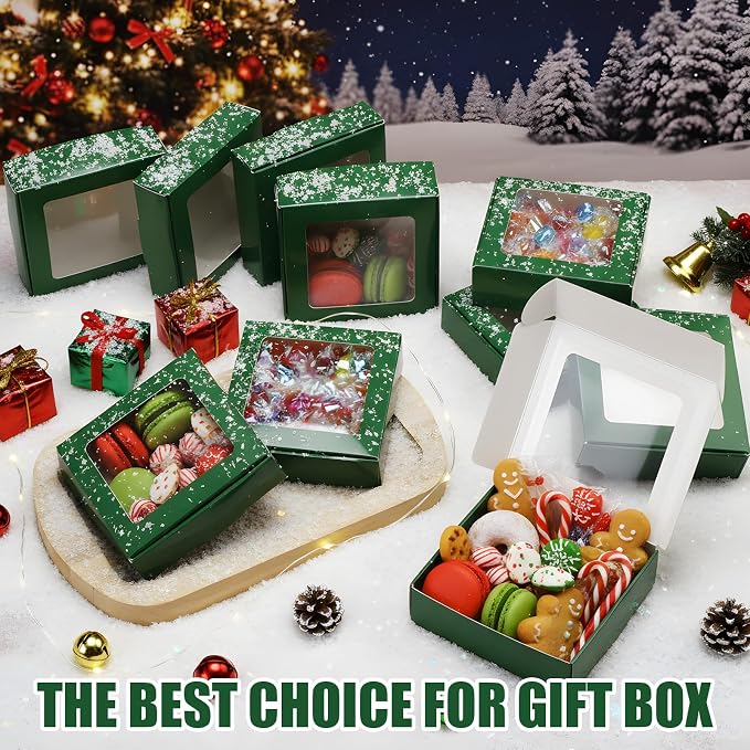 Zonon 30 Pcs Kraft Paper Boxes with Window 4.13 x 4.13 x 1.18 Inch Candy Packaging, Small Gift Boxes, Soap holder, Mini Treat Packaging for Bakery Chocolate Jewelry Display (Dark Green)
