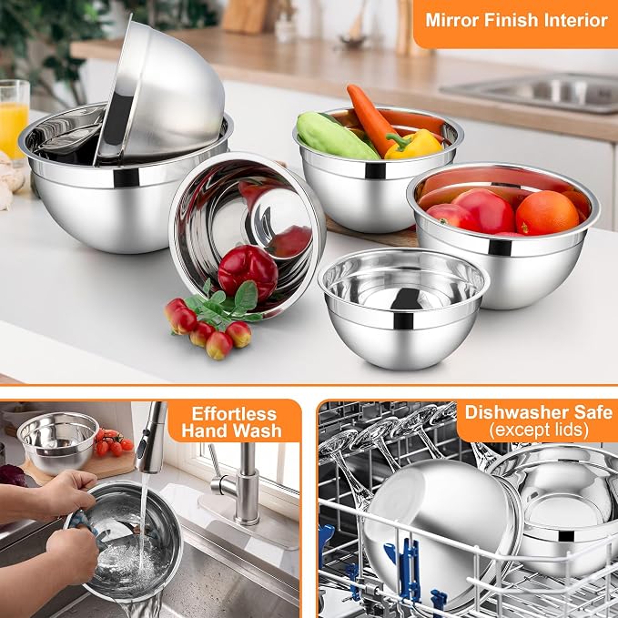 LIANYU Mixing Bowls with Lids Set of 6, Large 7 & 3.5 & 2.5 & 2 & 1.5 & 1QT Stainless Steel Serving Bowls, Kitchen Metal Nesting Bowl for Cooking, Food Storage, Dishwasher & Freezer Safe, Multi-Color