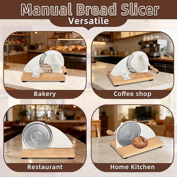 Manual Bread Slicer for Homemade Sourdough Bread, Adjustable Thickness Bread Cutter with Hand Crank, Slicing Guide, Scale Line, Stainless Steel Blade & Suction Cups, for Perfect Even Slices (Cream)