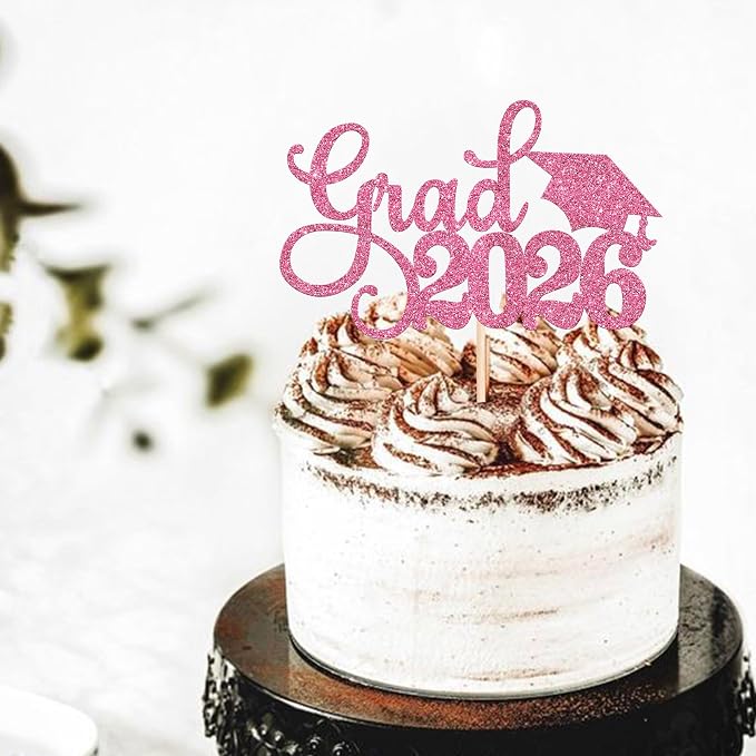 1 Pack Grad 2026 Cake Topper with Glitter Congrats Grad Cap Class of 2026 Cake Pick Decorations for 2026 Graduation Theme School Boys Girls Graduate Party Supplies Pink