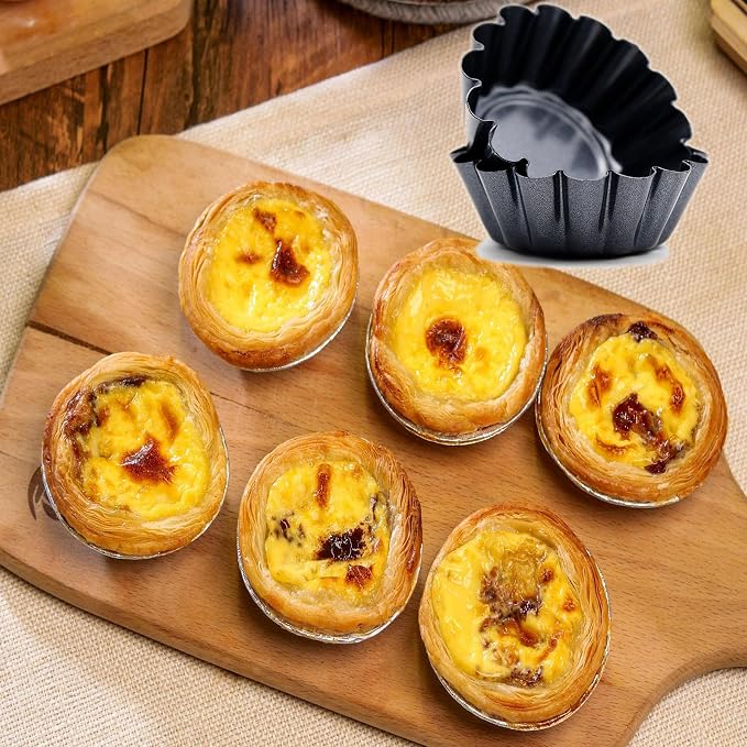 12 Packs Egg Tart Pan, Non-Stick Carbon Steel Molds, Reusable Mini Pie Mould Muffin Cupcake Pudding Baking Cup for Pies, Cakes, Quiche Bakeware - 2.6 x 0.9 Inch