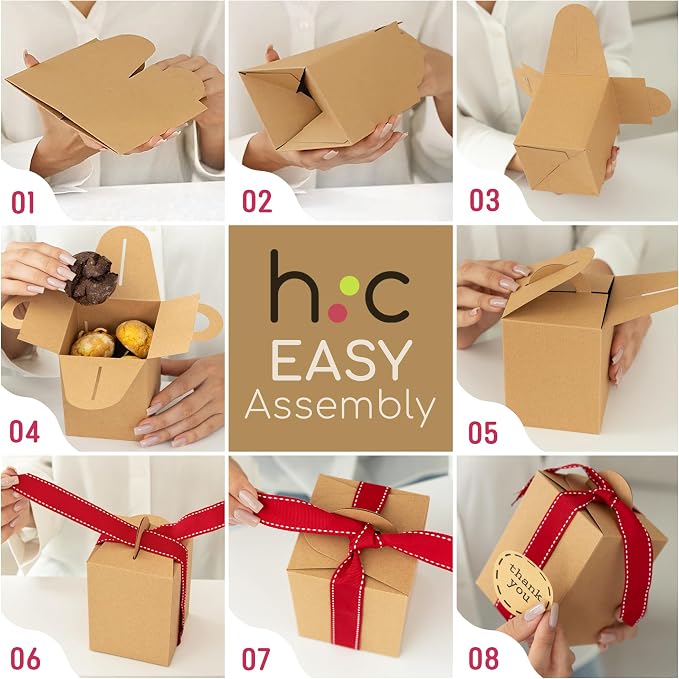 Small Gift Boxes with Ribbons & Stickers (20 Pack) 4.7” x 3.5” Brown Kraft Treat Boxes for Christmas Cookies, Candy, Decorative Candle Packaging, Jars, Mugs, Bulk, Rustic, Fall Thank You Favors Empty