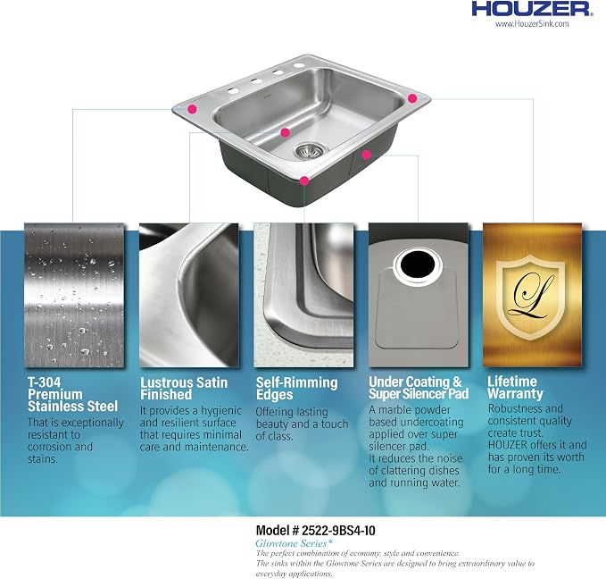 Houzer 2522-9BS4-C Glowtone 25 Inch Stainless Steel Kitchen Sink, 4 Hole, Drop-In, Topmount, 18-Gauge T304 Stainless Steel, 9 Inch Depth, Cabinet Compatibility, Lustrous Satin Finish