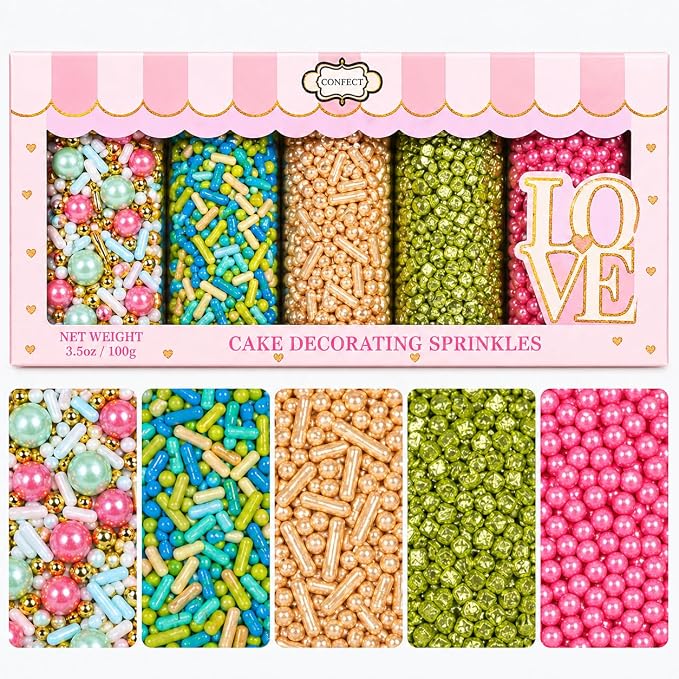 Confect Sprinkles – 5 Pack Assorted Cake Decorating Mix (Hot Pink & Ivory Pearl Dragees, Champagne Gold & Blue Jimmies, Green Sparkling Sugar) – Festive Edible Toppings for Cakes, Cupcakes, Cookies – Vegan, Gluten-Free, Nut-Free, Soy-Free, Dairy-Free, ...