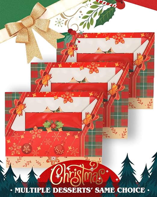 qiqee Christmas 12Packs Cookie Box with Window 12x5.5x2.5 Inch Two Uses Pastry Biscuit Bakery Box for Christmas