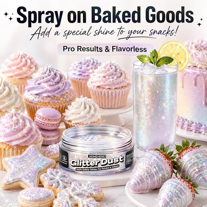 HomeHere Edible Glitter for Drinks & Cakes, 10g Food Grade Disco Diamond Glimmer Dust, Sparkle Powder for Cocktails, Chocolate, Baking Decorations, Vegan& Tasteless (Iridescent)