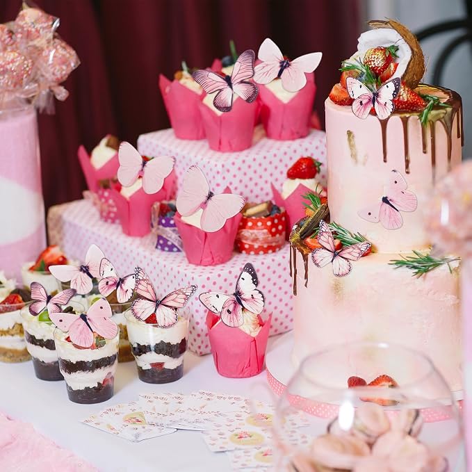 80Pcs Pink Edible Butterfly Cake Decorations Wafer Paper Butterfly Cupcake Toppers Butterflies Cupcake Toppers for Wedding Birthday Anniversary Flower Themed Party Supplies