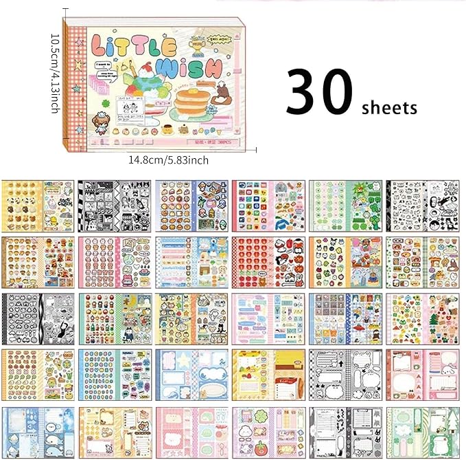 30 Sheets Cartoon Aesthetic Sticker Book - Cute Kawaii Scrapbook Stickers, Adhesive Notes & Memo Pads for Planner, Journal, Photo Album, Water Bottle DIY Crafts (Little Wishes Pink)