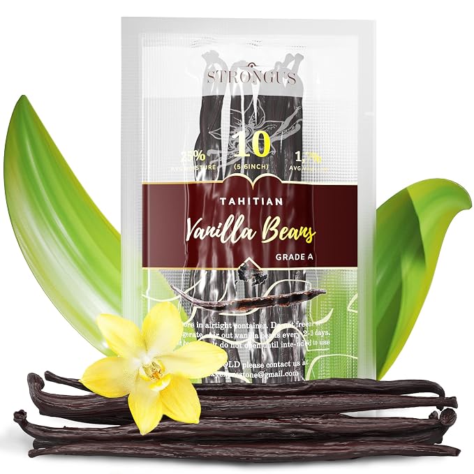 Strongus Large Tahitian Vanilla Beans - Vacuum Sealed Grade A Vanilla Bean - Rich, Creamy Flavor & Aroma - Ingredients for Baking, Homemade Extract, Paste, Brewing, Coffee, Cooking - 5-6", 10-Pack