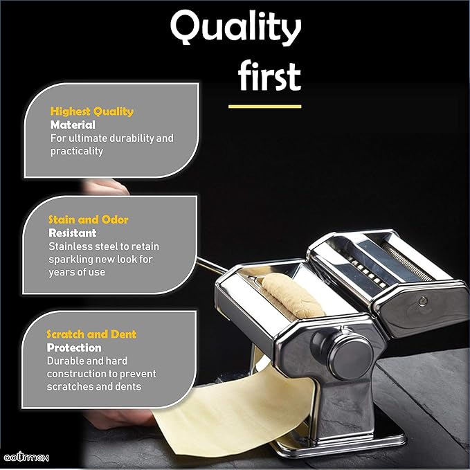 Pasta Maker Machine Stainless Steel Manual | With Adjustable Thickness Settings | Perfect for Homemade Spaghetti Fettuccini Noodles and Lasagna | Includes Removable Handle and Clamp (Silver)
