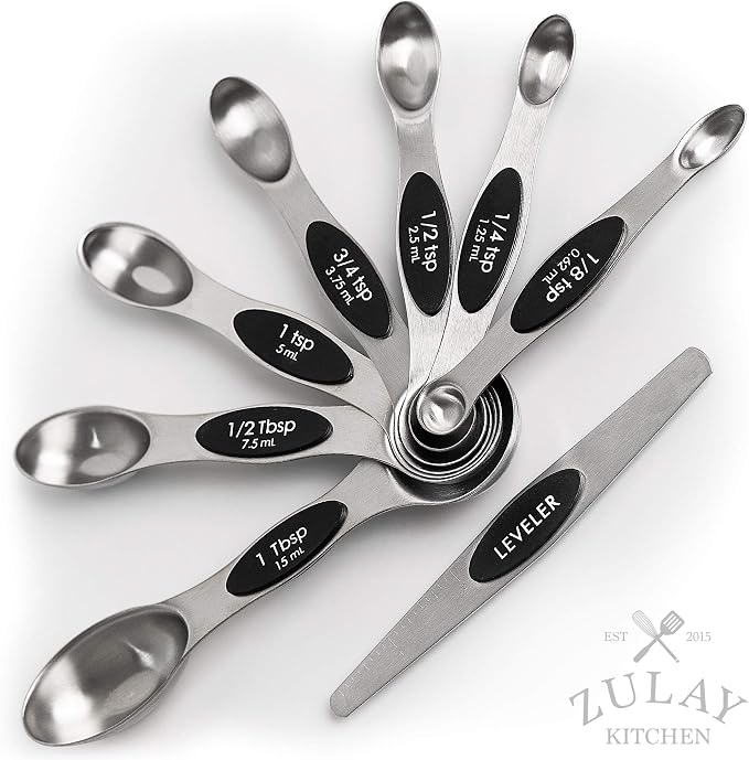Premium Stainless Steel Magnetic Measuring Spoons, 8 Piece Set with Leveler, Easy to Attach and Detach, Double-Sided Design fits Spice Jars, Perfect for Measuring Liquid & Dry Ingredients - by Zulay