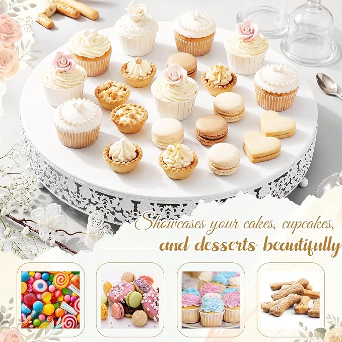 Wenqik 16 Inch White Cake Stand Set Metal Round Cupcake Dessert Stand with Cake Cutting, Flower Spatula Wedding Cupcake Pastry Display Candy Holder Display for Wedding Party Birthday Baby Shower