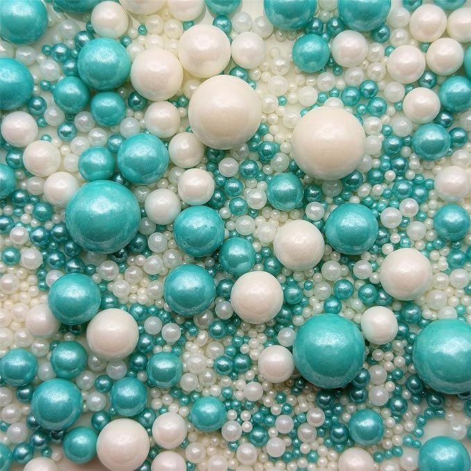 CandiJumpin Edible Pearls for Cake Decorating, Teal and White Pearl Sprinkles Teal Sugar Pearls Edible Cake Decorations White Pearl Sugar Sprinkles Cupcake Toppers Baby Shower Party Birthday Wedding Christmas Supplies 3 OZ