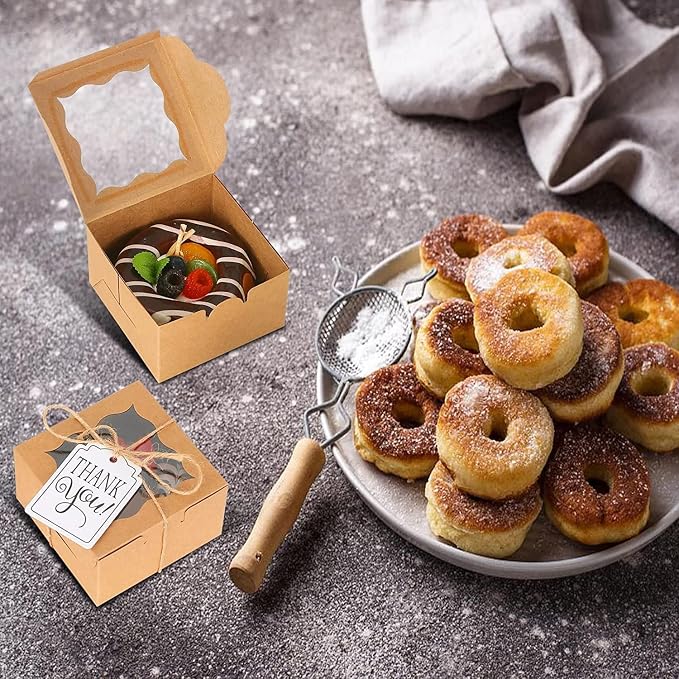 KPOSIYA 120 Pcs Brown Bakery Boxes with Window Individual Cupcake Boxes 4x4x2.5 Inches Cookie Boxes Kraft Paper Brown Gift Box for Pastries, Cookies, Pie, Donuts, Macaroon