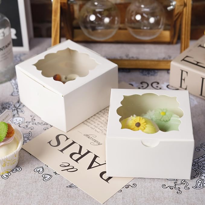 NPLUX 50pcs Cookie Boxes with Window Bakery Boxes Small Treat Boxes Small Cake boxes Mini Pie Boxes Pastry Boxes Candy Sweets Boxes 4x4x2.5in, Graduation Gifts Party Favors(White)