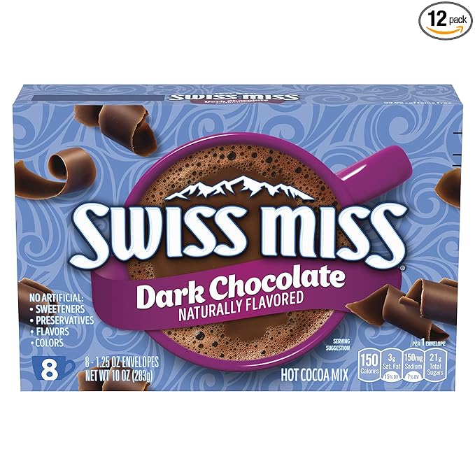 Swiss Miss Dark Chocolate Flavored Hot Cocoa Mix, Hot Cocoa Bar Supplies, 1.25 oz., 8-Count Envelopes (12 Boxes)