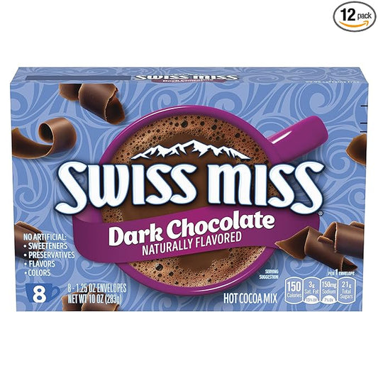 Swiss Miss Dark Chocolate Flavored Hot Cocoa Mix, Hot Cocoa Bar Supplies, 1.25 oz., 8-Count Envelopes (12 Boxes)