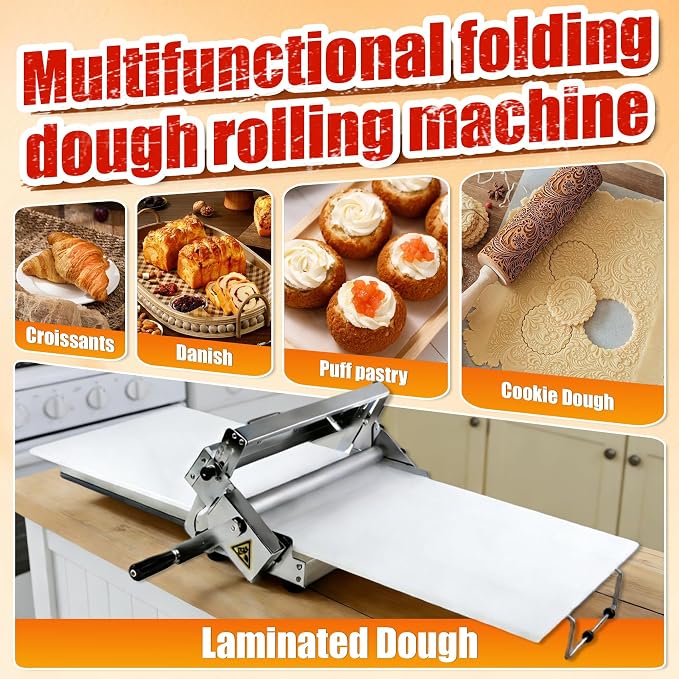 12in Manual Dough Sheeter, Stainless Steel Tabletop Dough Roller Machine, Adjustable Thickness Pastry Sheeter for Pizza, Croissant, Puff Pastry, Fondant and Home Baking