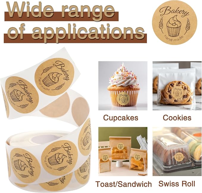 500pcs Kraft Bakery Stickers, Handmade Baked Labels, Round Adhesive Tags, DIY Seal Roll Stickers (Style B, Brown)