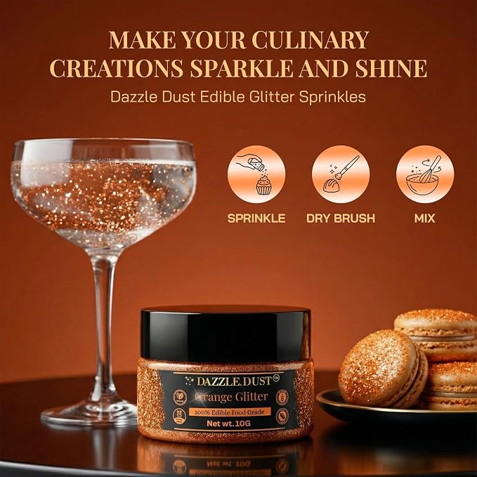 Dazzle Dust Edible Glitter Sprinkles for Cake Decorating, Drinks, Cookie, Icing, Dessert Decorations, Sparkly Luster, Food-Grade, Vegan, Gluten Free, Kosher, Bulk 10g, Orange