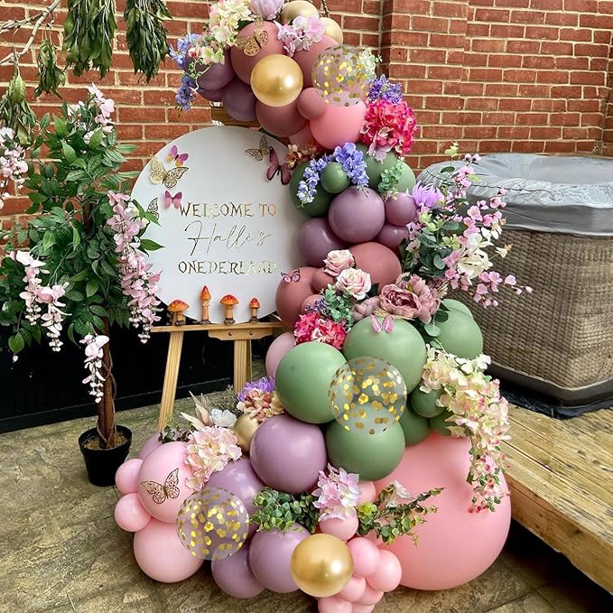 Dusty Green Purple Pink Balloon Arch Kit, Fairy Wildflower Balloon Garland Sage Green Blush Pink Lavender Purple Gold Balloons for Flower Floral Graduation Wonderland Baby Shower Birthday Party Decor
