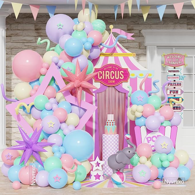 Carnival Circus Pastel Balloon Arch Garland Kit, 143pcs Pastel Macaron Balloons Explosion Star Foil Balloons for Oh The Places You' ll Go Party Birthday Baby Shower Decorations