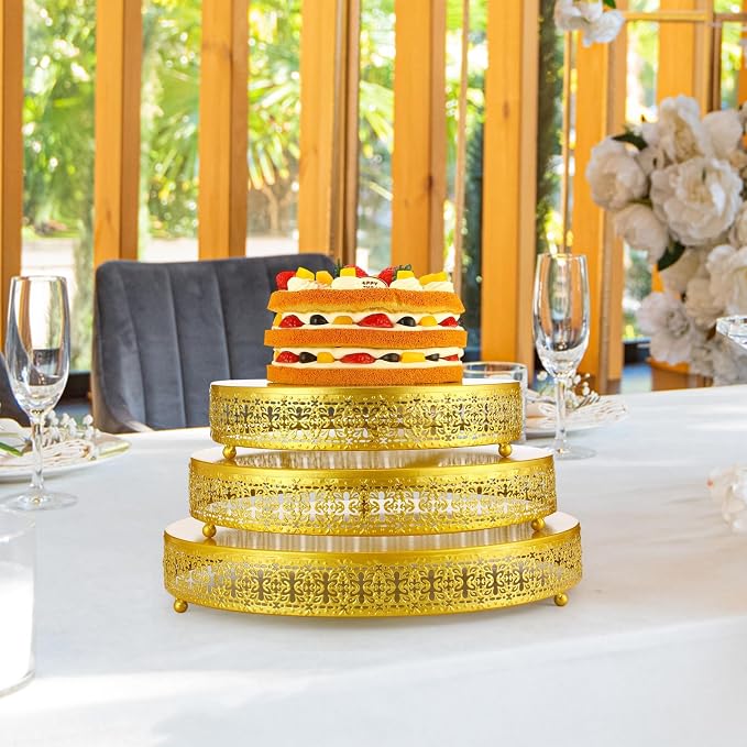 Wenqik 3 Pack Round Metal Cake Stands 12" 14" 16" Dessert Display Cupcake Stands Elegant Display Plate for Wedding Birthday Party Event Anniversary and Table Decoration, Gold