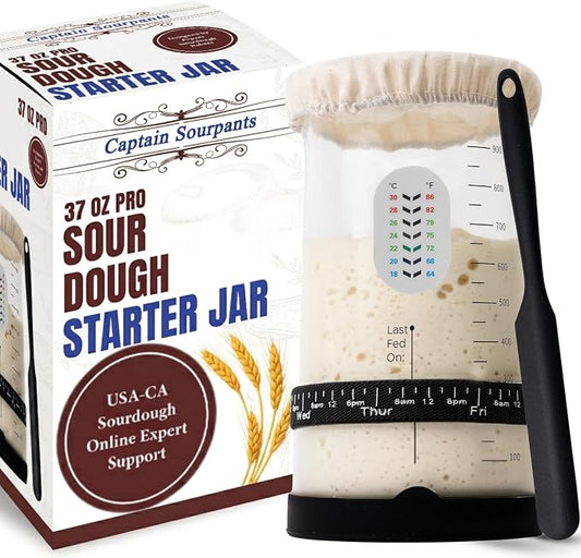Pro Sourdough Starter Kit -37oz Wide Mouth Sourdough Starter Jar Kit for Bread - Large Glass Sourdough Jar, Feeding Band, Cloth Cover, Spatula & Thermometer–Best Sourdough Bread Kit for Beginners