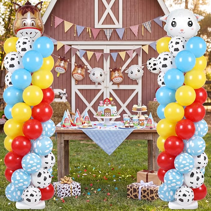 Skylety 2 Sets Farm Animal Balloon Column Stand Kit Adjustable Farm Red Yellow Blue Balloon Tower Stand with Bases for Barnyard Birthday Wedding Graduation Party Baby Shower Decorations Supplies