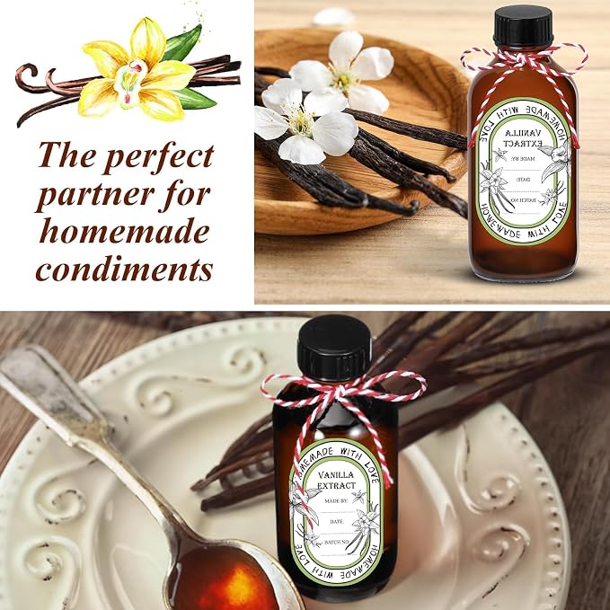 12 Pack 8 oz Vanilla Extract Bottles with Black Poly Cone Caps and 12 Pcs Vanilla Extract Stickers 240ml Boston Round Sample Bottles for Syrup Gift Glass Food Storage Canister Set Sauce Beans(8oz)