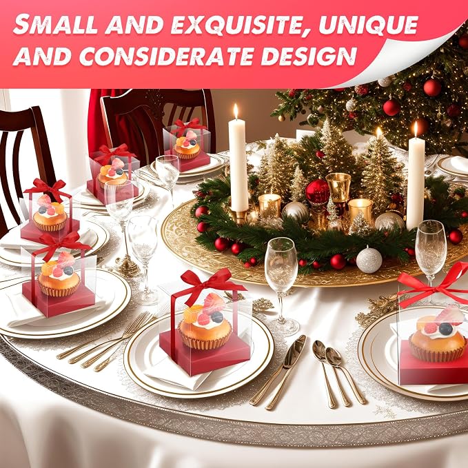Thenshop 50 Pcs Clear Cupcake Boxes Individual 3.5 Inch Plastic Single Cupcake Containers Boxes with Inserts and Ribbon Individual Cake Storage Holders for Cake Kitchen(Red)
