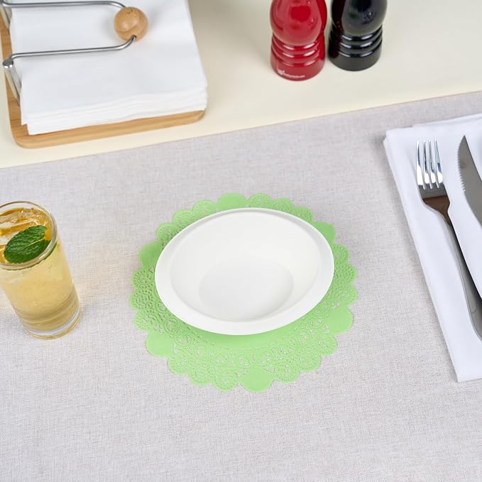 Pastry Tek 8 x 8 Inch Paper Lace Doilies, 100 Disposable Table Doilies - Elegant Lace Finish, Long Lasting, Green Paper Doily, for Pastries, Cupcakes, Desserts - Restaurantware