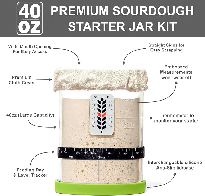 Premium Sourdough Starter Jar - 40oz Large Sourdough Jar with Marked Feeding Band, Scraper, Cloth Cover and Silicone Lid/Base, Wide Mouth Starter Kit - Green