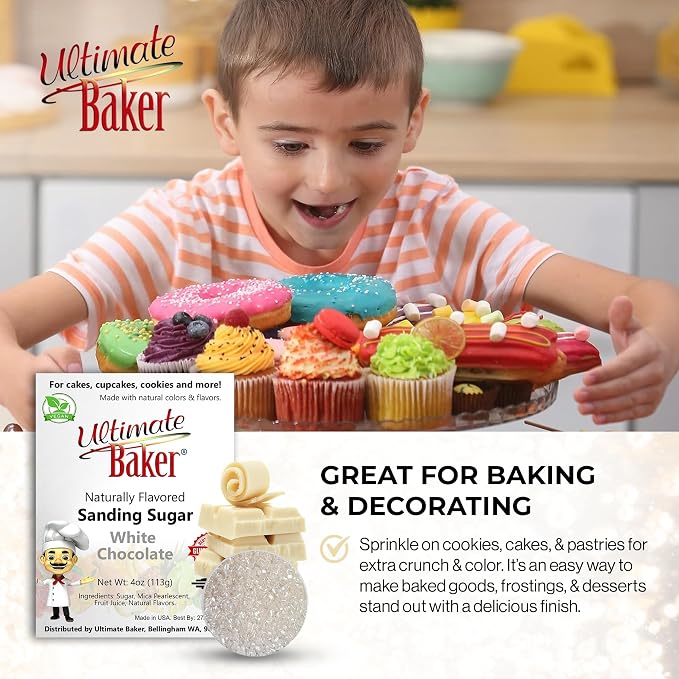 Ultimate Baker Flavored Sanding Sugar (1x4oz) - Burst of Flavor & Color for Cakes, Cookies & More, All-Natural, Perfect for Baking & Decorating or as a Flavored Coffee Sugar (White Chocolate)